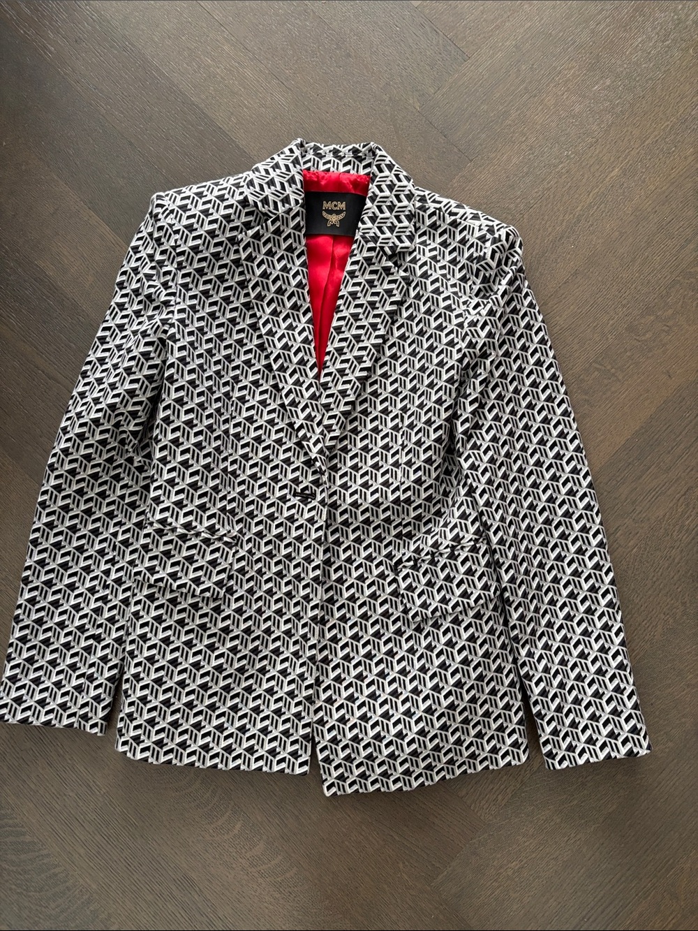 MCM Black & White Geometric Print Blazer with Red Lining